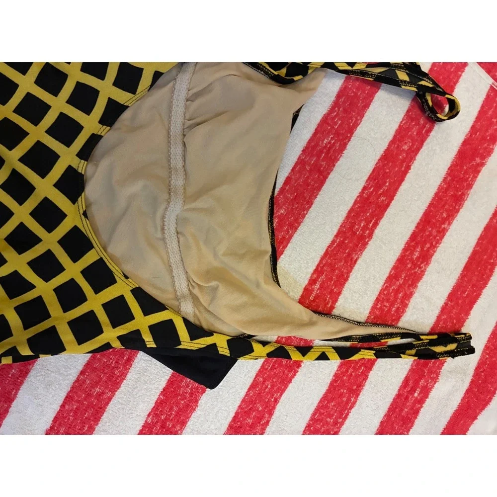 Girls Yellow Black Geometric Grid One Piece Swimsuit Athletic Swimwear